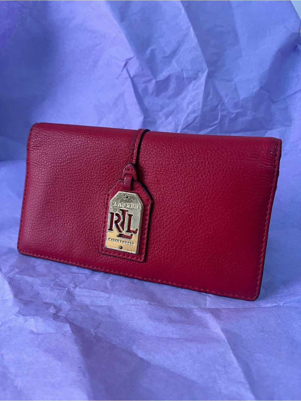 Ralph Lauren Red Pebbled Leather Wallet with RL Tag Accent